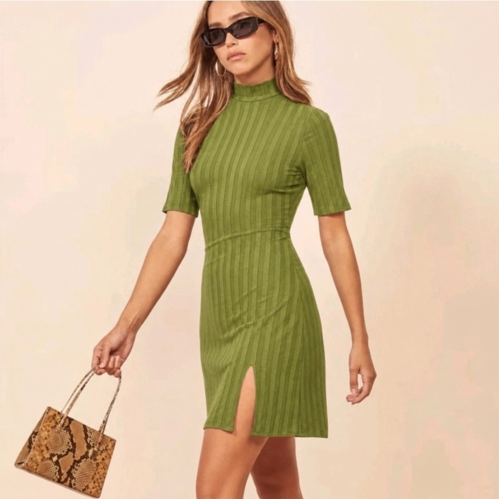Reformation Dua Mock Neck Mini Dress Small Ribbed Knit Slit Bodycon Olive Green